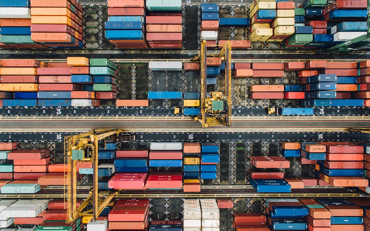 Aerial view of shipping containers